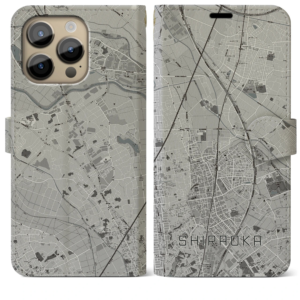 【白岡(埼玉県)】地図柄iPhoneケース(手帳タイプ)モノトーン・iPhone 14 Pro Max 用