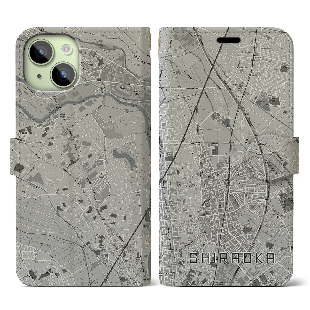 【白岡(埼玉県)】地図柄iPhoneケース(手帳タイプ)モノトーン・iPhone 15 用