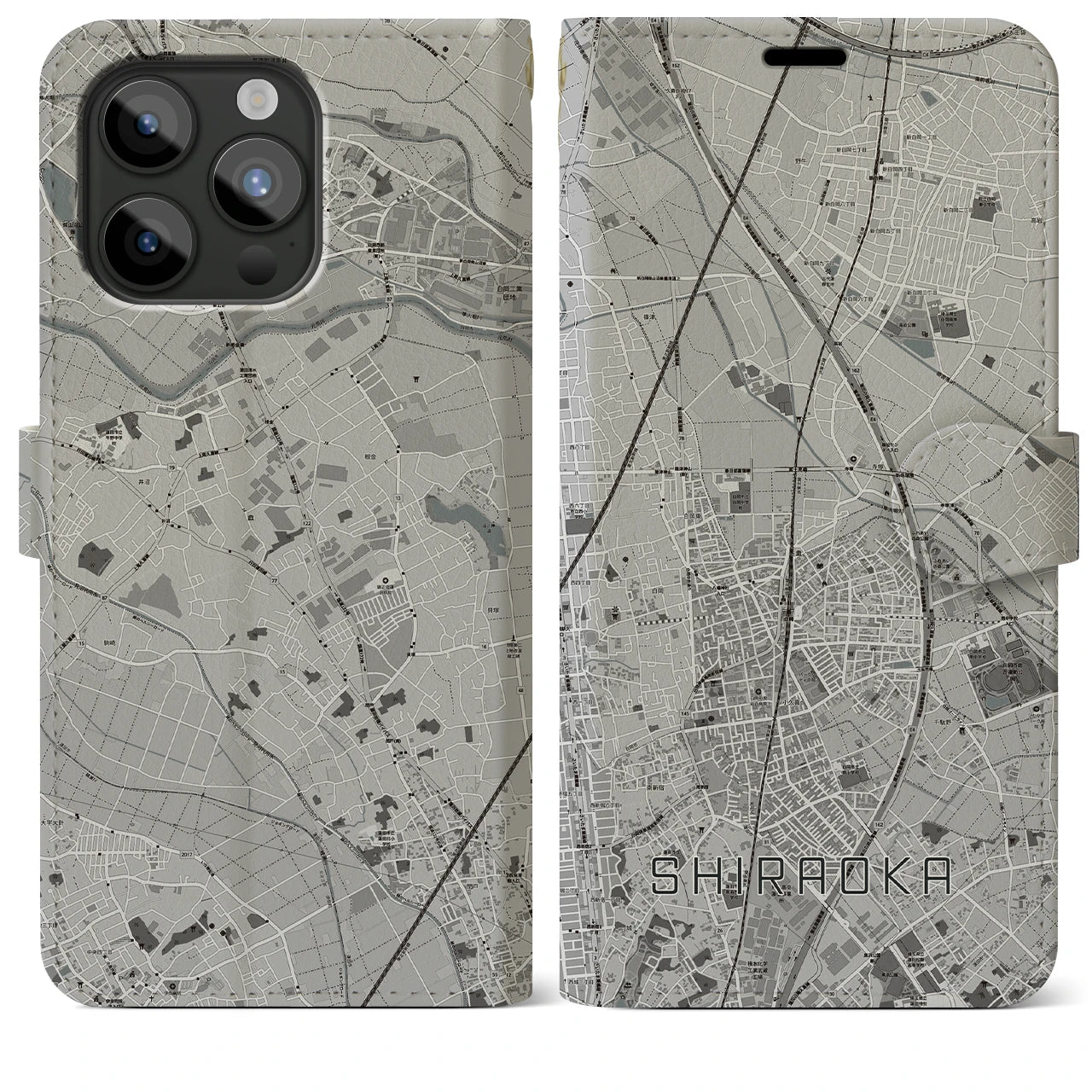 【白岡(埼玉県)】地図柄iPhoneケース(手帳タイプ)モノトーン・iPhone 15 Pro Max 用