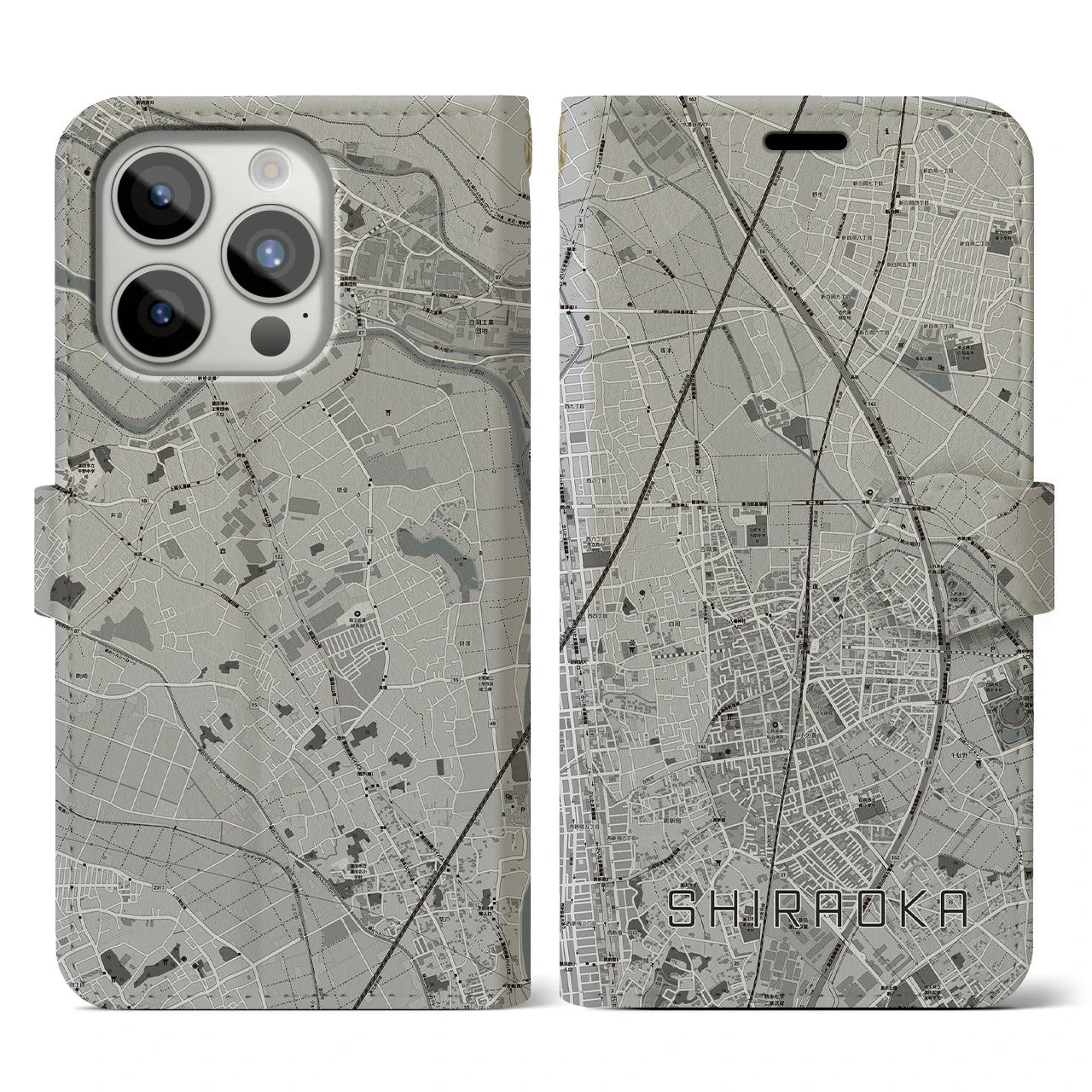 【白岡(埼玉県)】地図柄iPhoneケース(手帳タイプ)モノトーン・iPhone 15 Pro 用