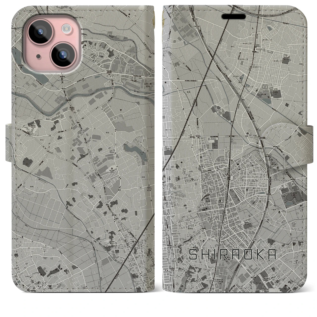 【白岡(埼玉県)】地図柄iPhoneケース(手帳タイプ)モノトーン・iPhone 15 Plus 用