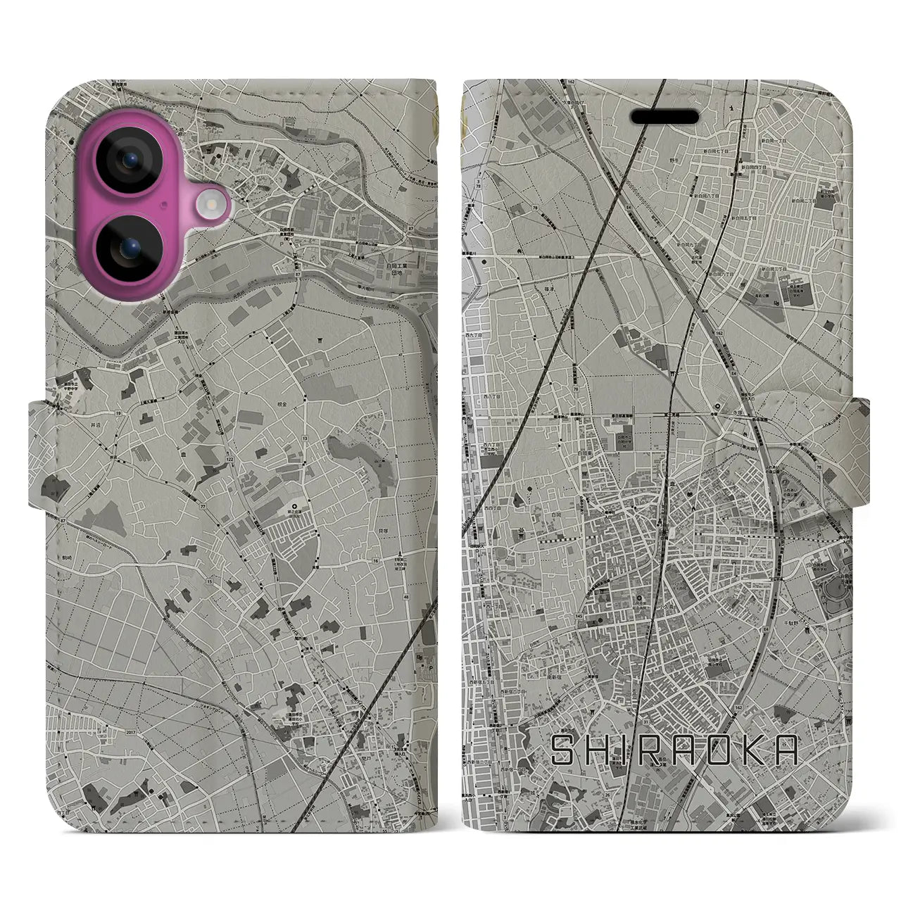 【白岡(埼玉県)】地図柄iPhoneケース(手帳タイプ)モノトーン・iPhone 16 Pro 用