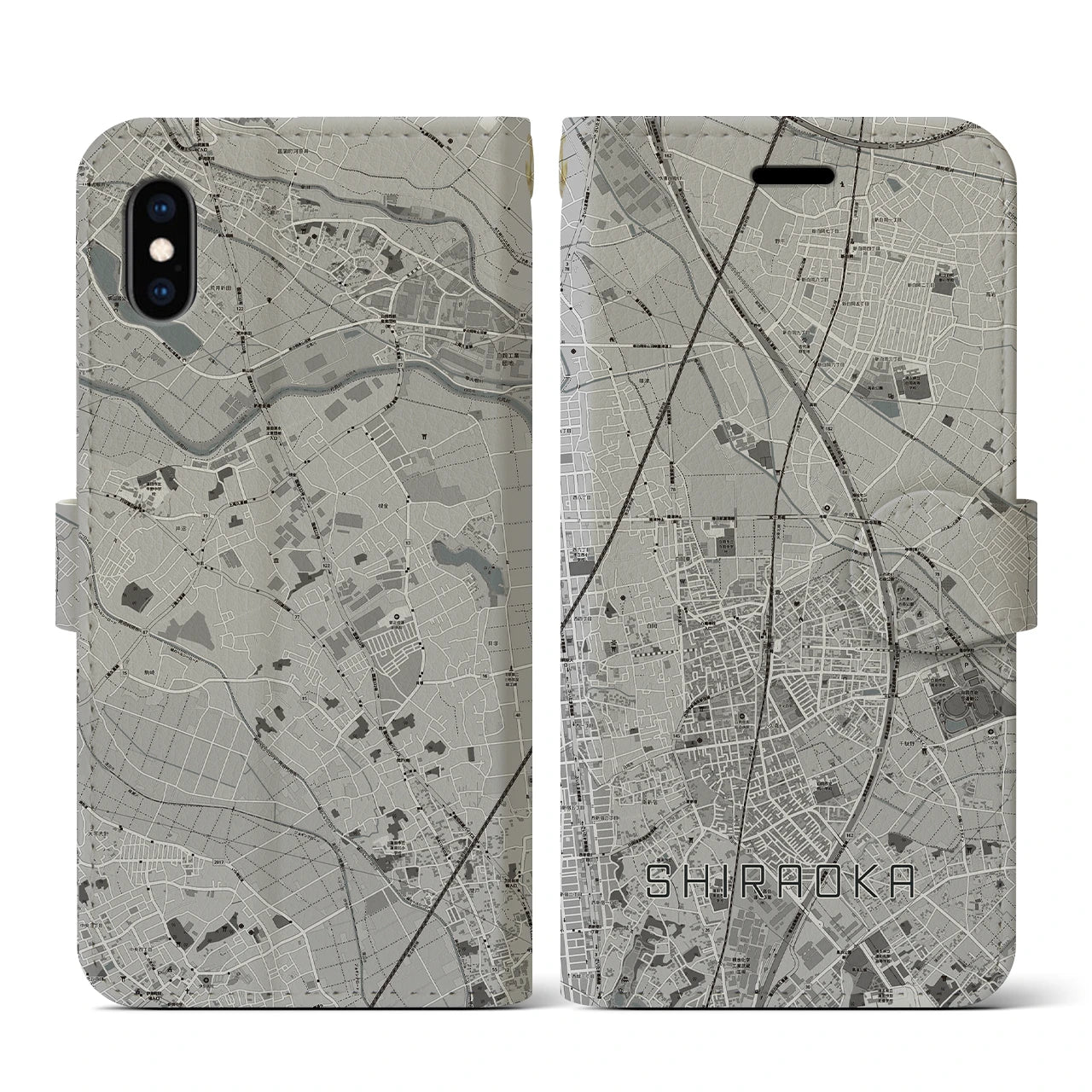 【白岡(埼玉県)】地図柄iPhoneケース(手帳タイプ)モノトーン・iPhone XS / X 用