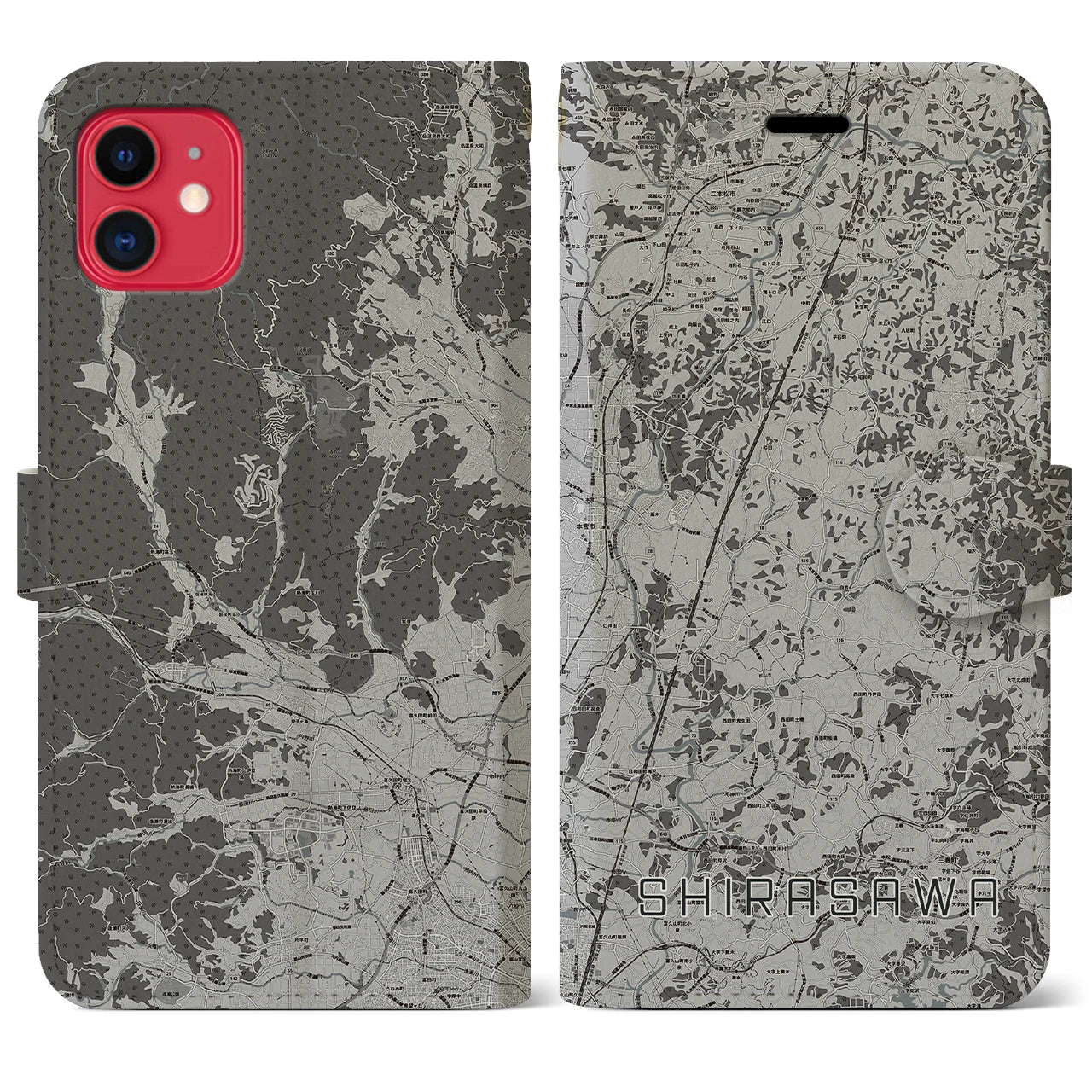 【白沢(福島県)】地図柄iPhoneケース(手帳タイプ)モノトーン・iPhone 11 用