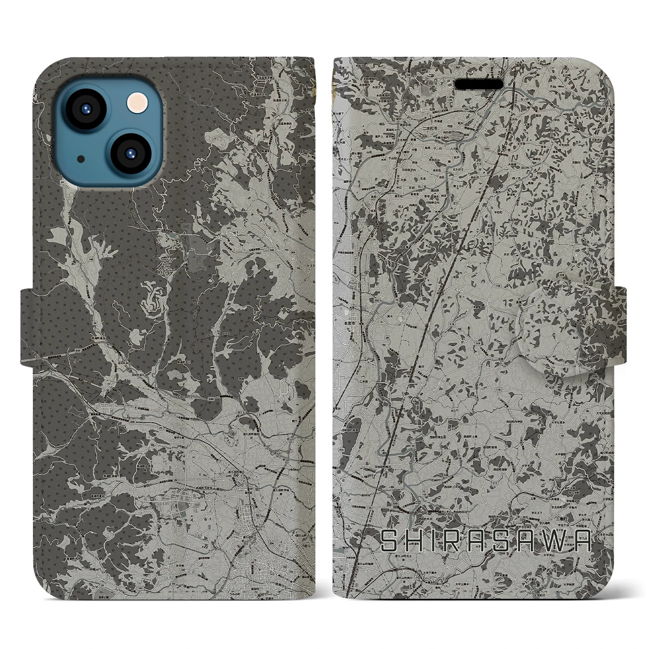 【白沢(福島県)】地図柄iPhoneケース(手帳タイプ)モノトーン・iPhone 13 用