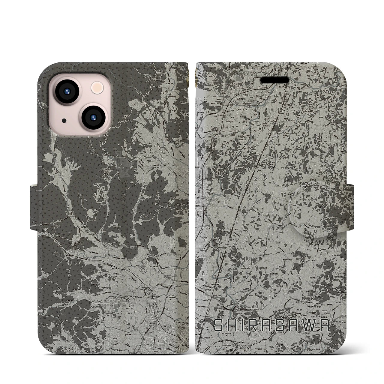 【白沢(福島県)】地図柄iPhoneケース(手帳タイプ)モノトーン・iPhone 13 mini 用