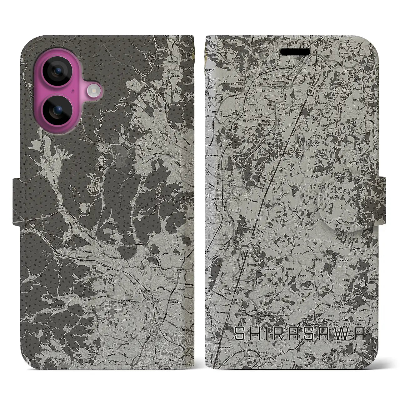 【白沢(福島県)】地図柄iPhoneケース(手帳タイプ)モノトーン・iPhone 16 Pro 用