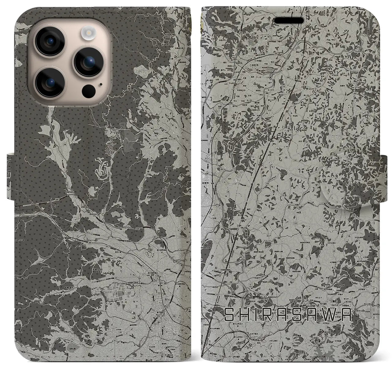 【白沢(福島県)】地図柄iPhoneケース(手帳タイプ)モノトーン・iPhone 16 Plus 用