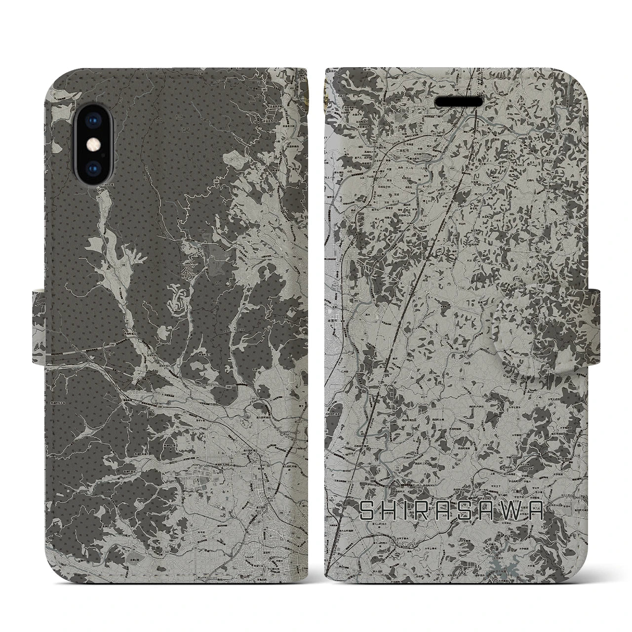 【白沢(福島県)】地図柄iPhoneケース(手帳タイプ)モノトーン・iPhone XS / X 用