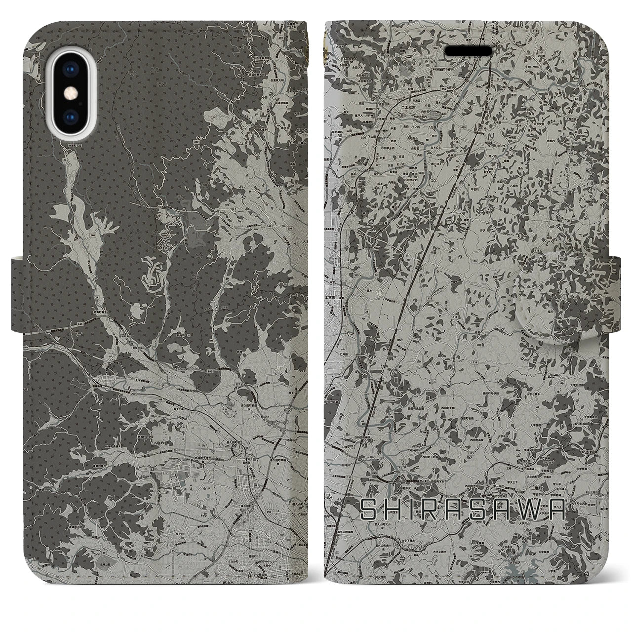 【白沢(福島県)】地図柄iPhoneケース(手帳タイプ)モノトーン・iPhone XS Max 用