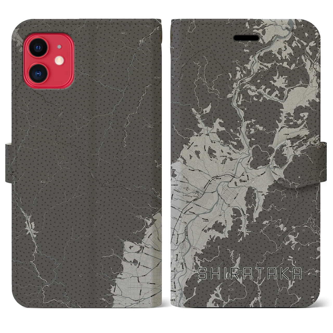 【白鷹(山形県)】地図柄iPhoneケース(手帳タイプ)モノトーン・iPhone 11 用