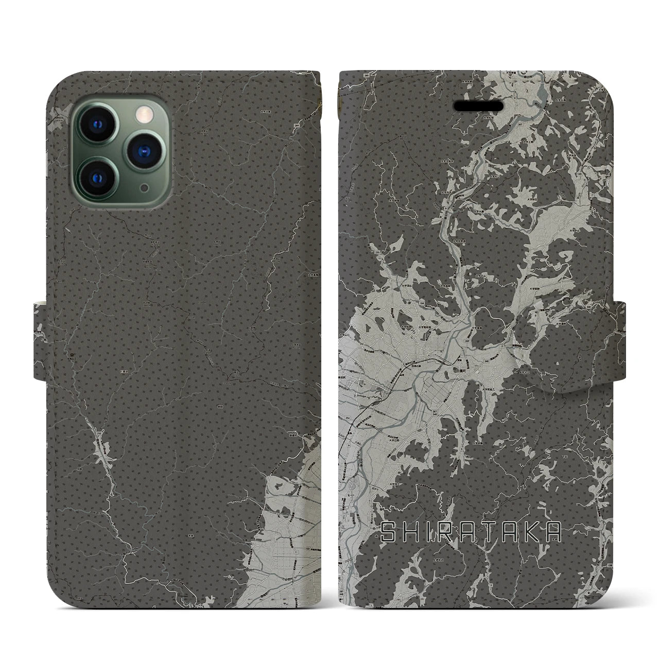【白鷹(山形県)】地図柄iPhoneケース(手帳タイプ)モノトーン・iPhone 11 Pro 用
