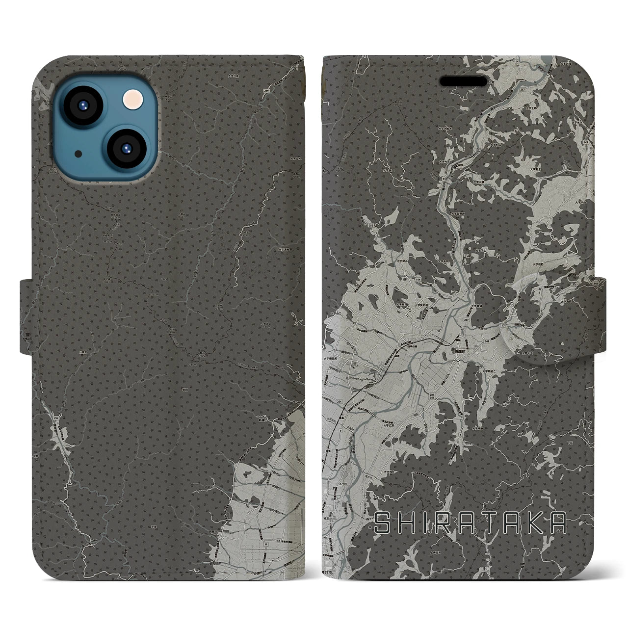 【白鷹(山形県)】地図柄iPhoneケース(手帳タイプ)モノトーン・iPhone 13 用