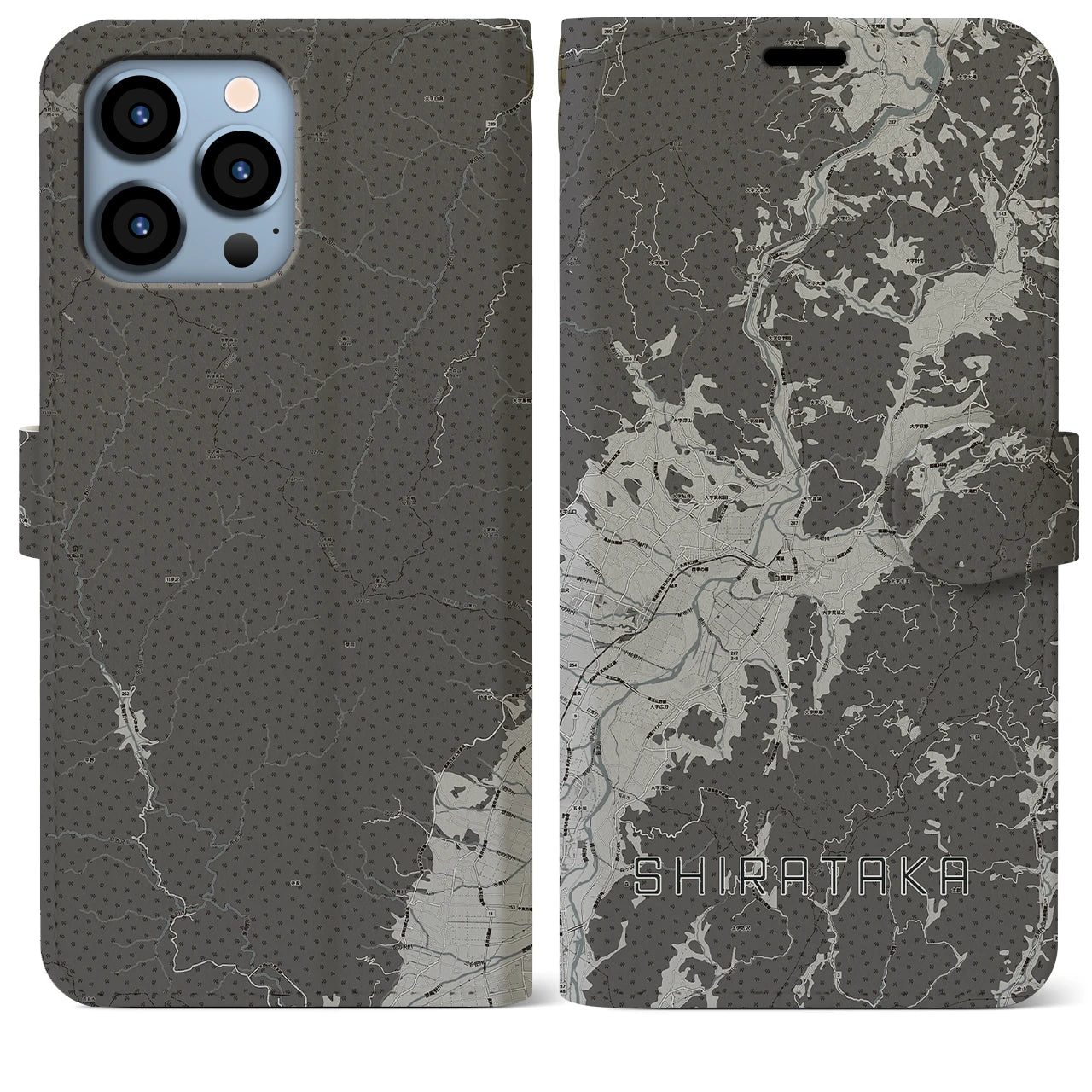 【白鷹(山形県)】地図柄iPhoneケース(手帳タイプ)モノトーン・iPhone 13 Pro Max 用