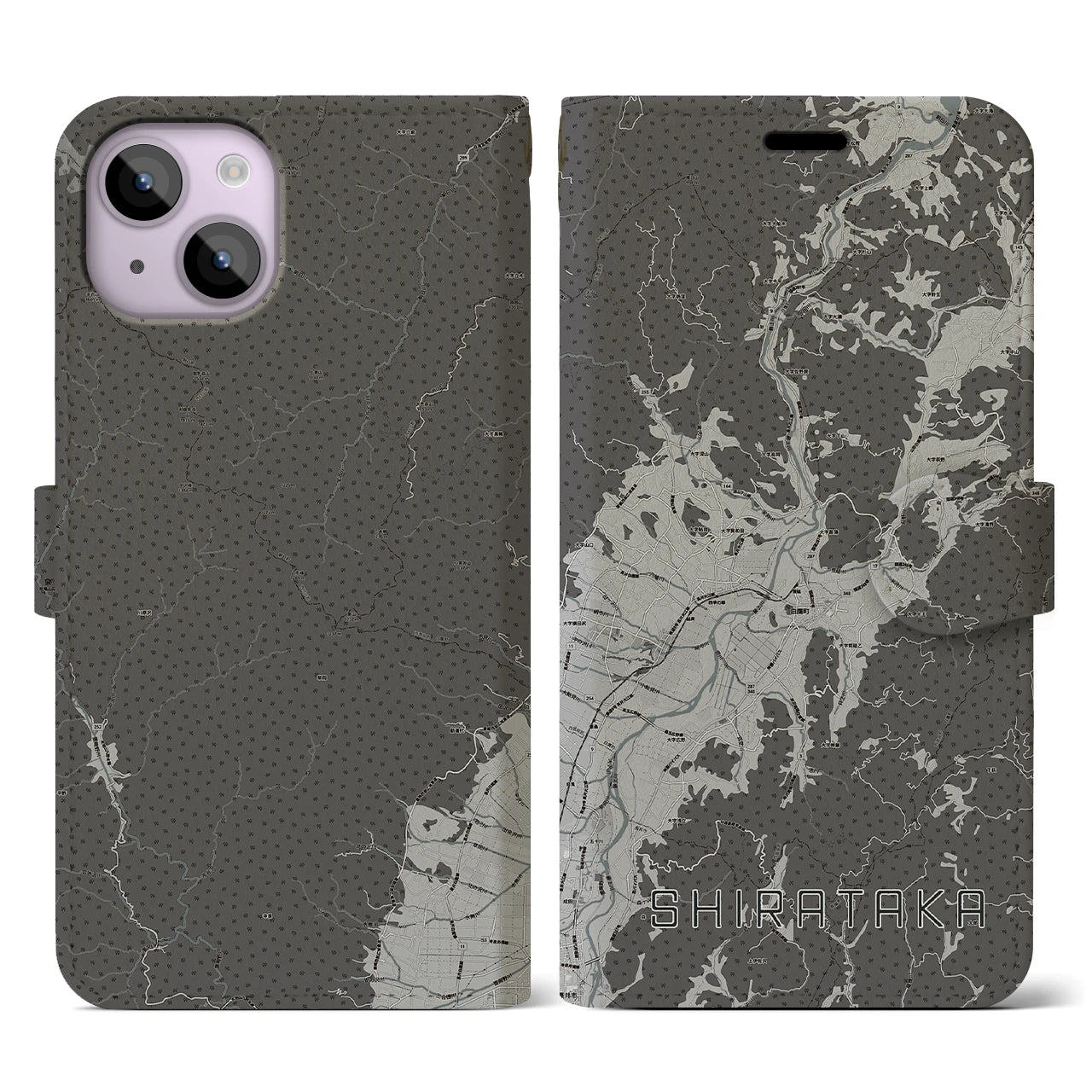 【白鷹(山形県)】地図柄iPhoneケース(手帳タイプ)モノトーン・iPhone 14 用