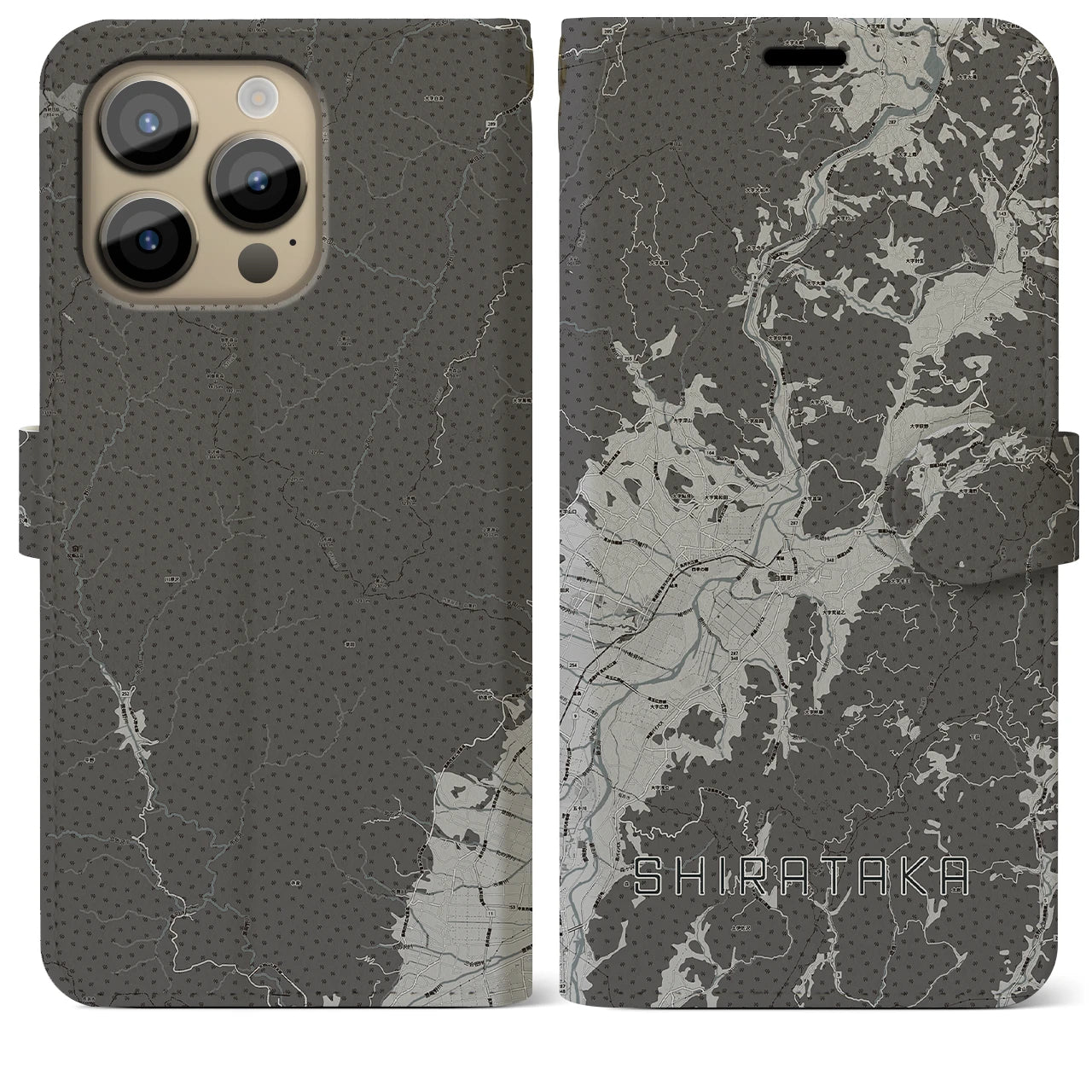 【白鷹(山形県)】地図柄iPhoneケース(手帳タイプ)モノトーン・iPhone 14 Pro Max 用