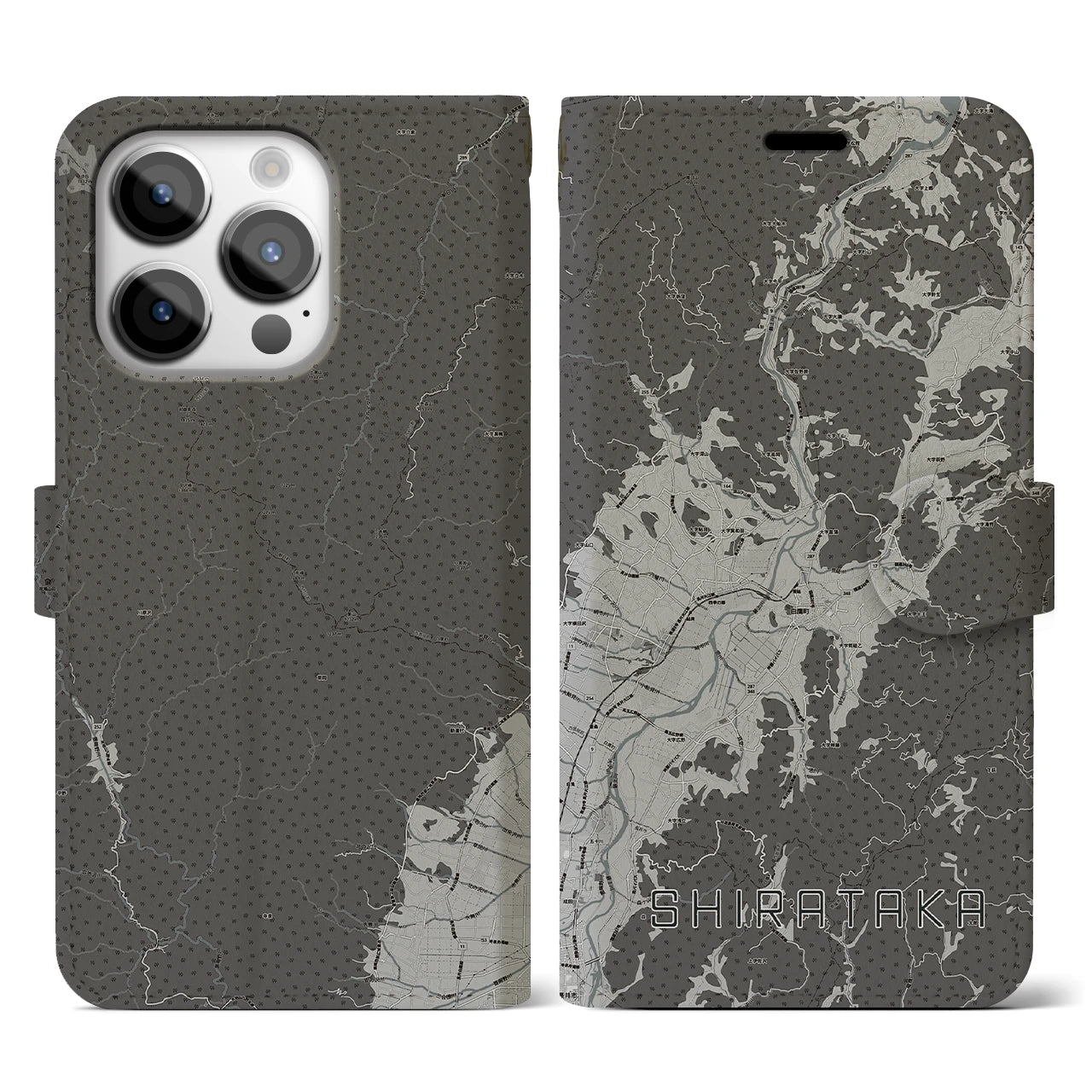【白鷹(山形県)】地図柄iPhoneケース(手帳タイプ)モノトーン・iPhone 14 Pro 用