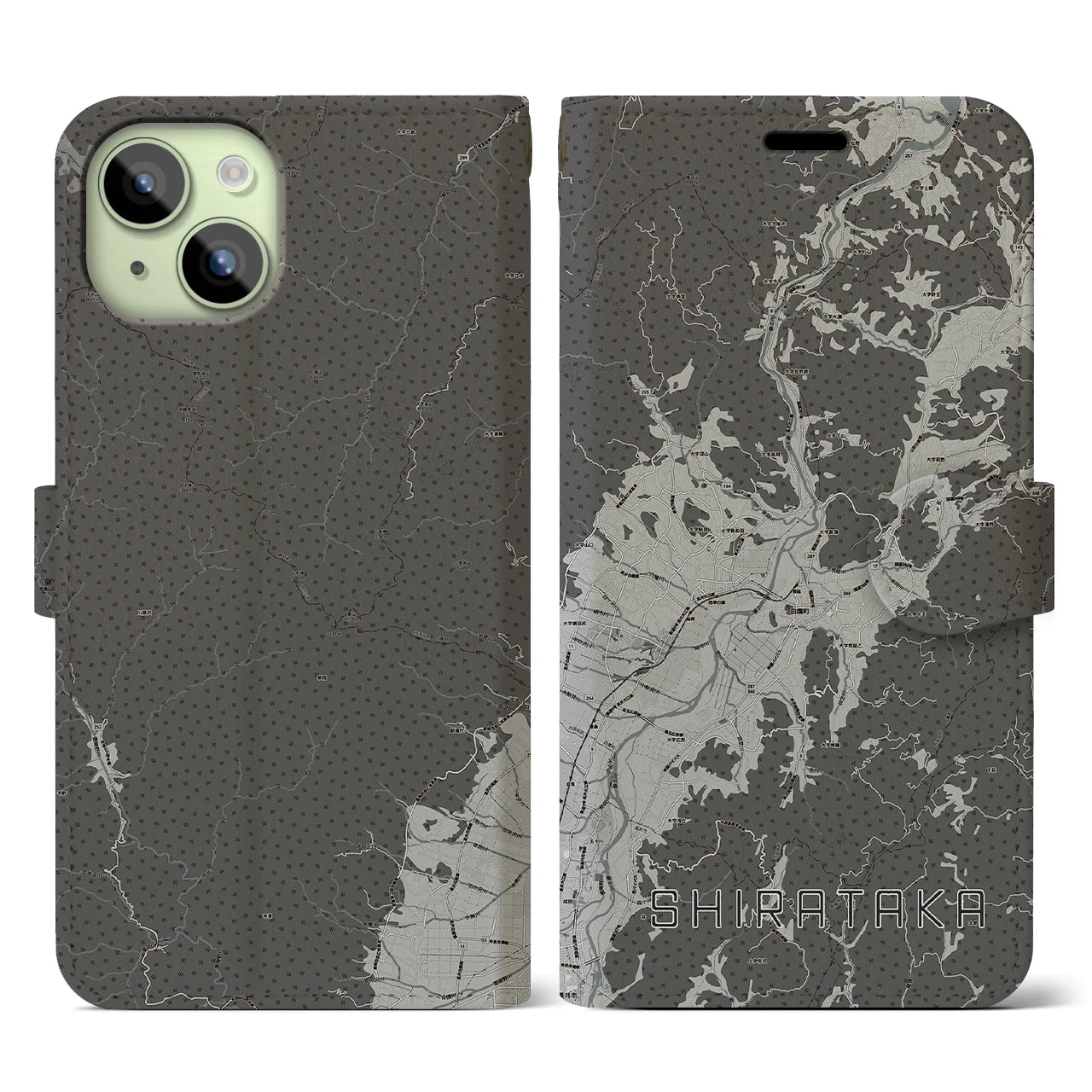 【白鷹(山形県)】地図柄iPhoneケース(手帳タイプ)モノトーン・iPhone 15 用