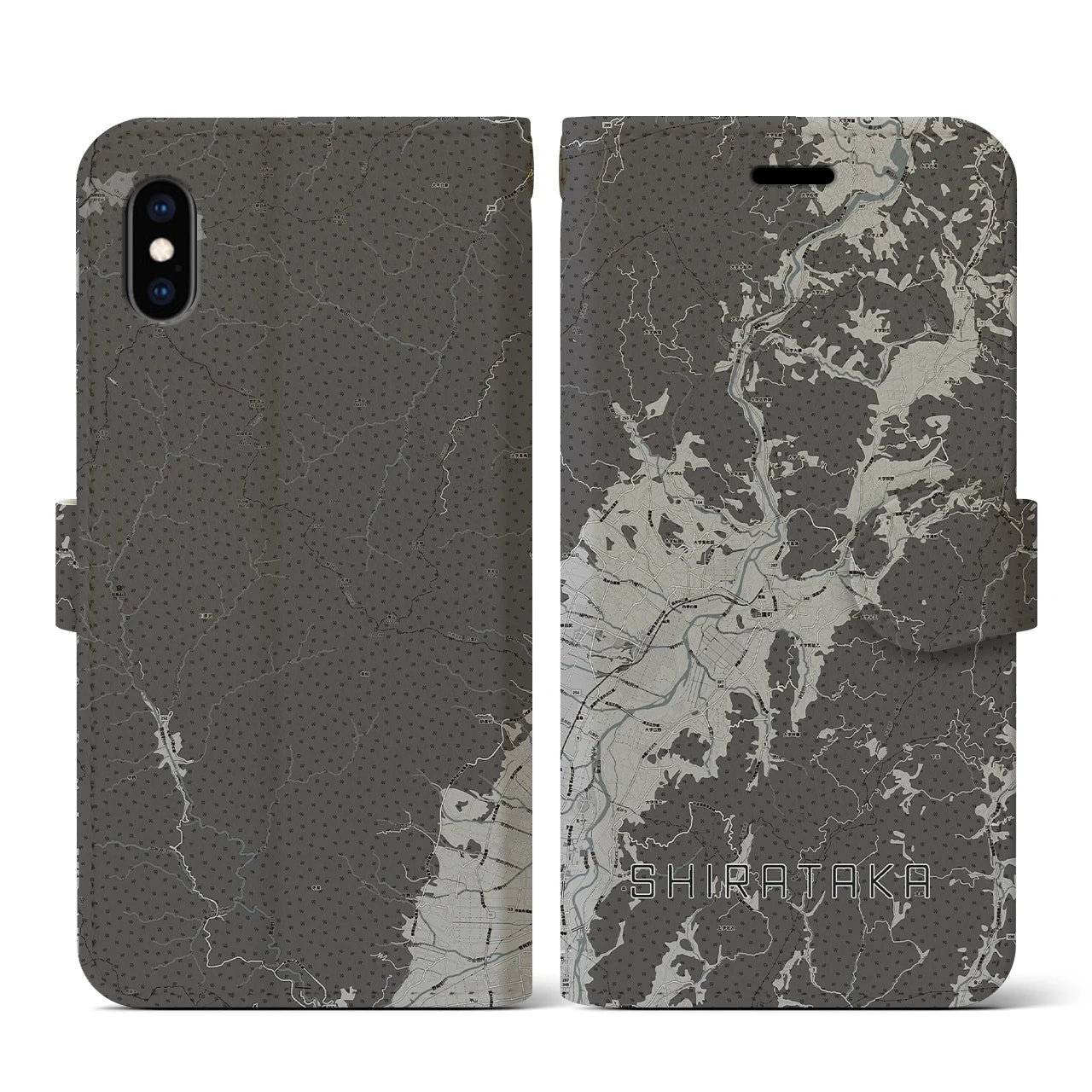 【白鷹(山形県)】地図柄iPhoneケース(手帳タイプ)モノトーン・iPhone XS / X 用