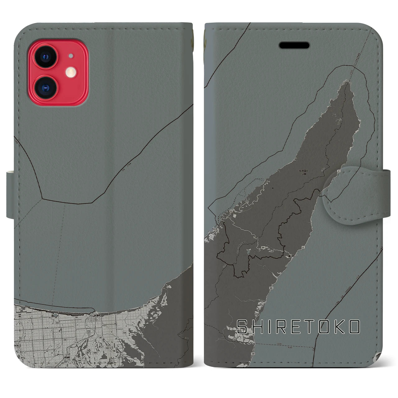 【知床(北海道)】地図柄iPhoneケース(手帳タイプ)モノトーン・iPhone 11 用