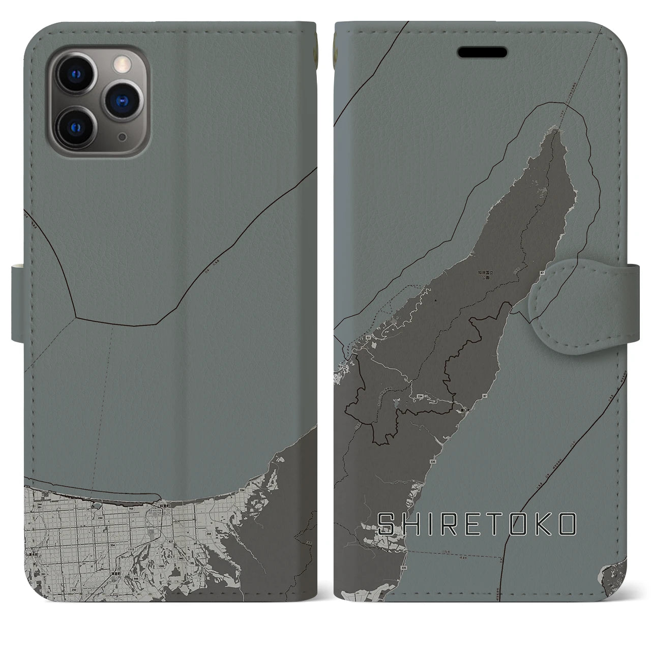 【知床(北海道)】地図柄iPhoneケース(手帳タイプ)モノトーン・iPhone 11 Pro Max 用