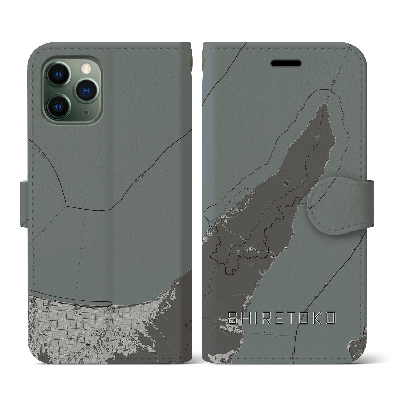 【知床(北海道)】地図柄iPhoneケース(手帳タイプ)モノトーン・iPhone 11 Pro 用