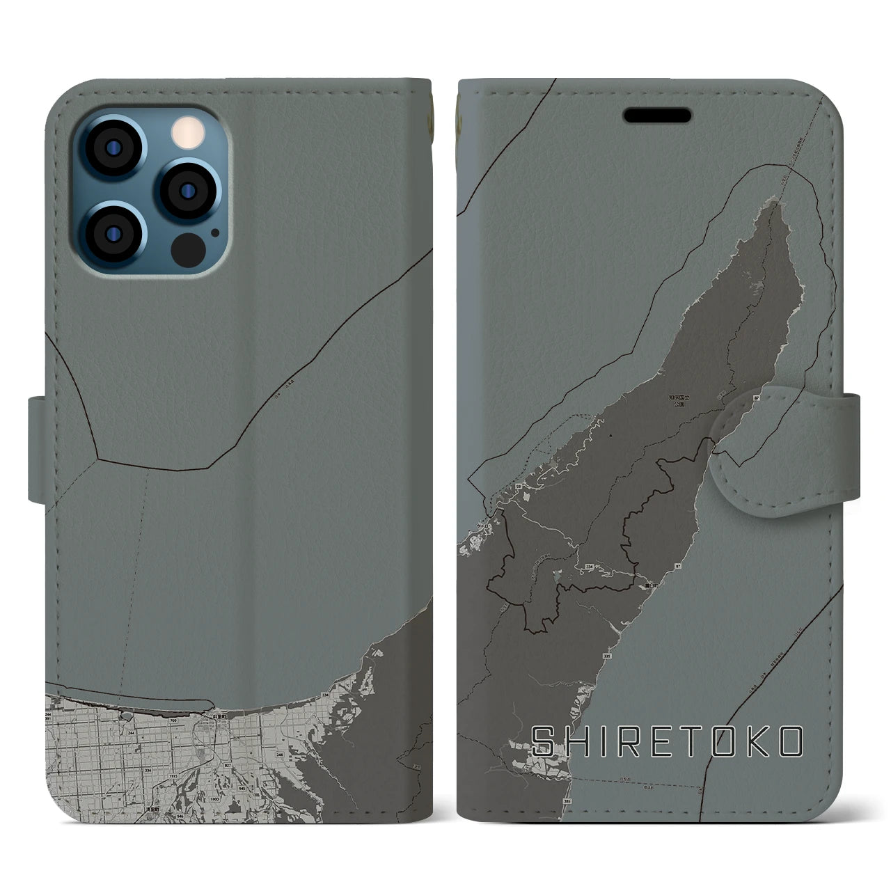 【知床(北海道)】地図柄iPhoneケース(手帳タイプ)モノトーン・iPhone 12 / 12 Pro 用
