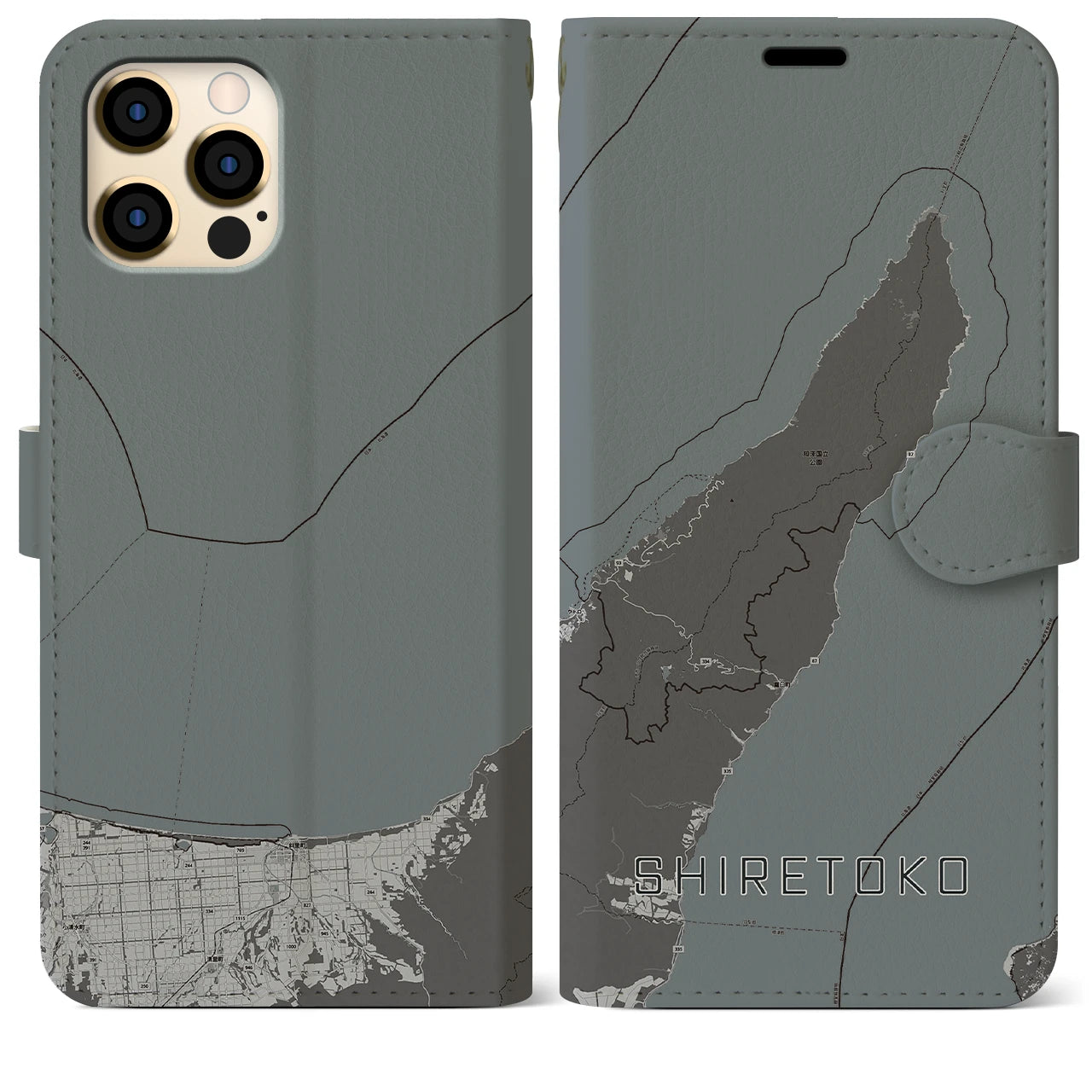 【知床(北海道)】地図柄iPhoneケース(手帳タイプ)モノトーン・iPhone 12 Pro Max 用