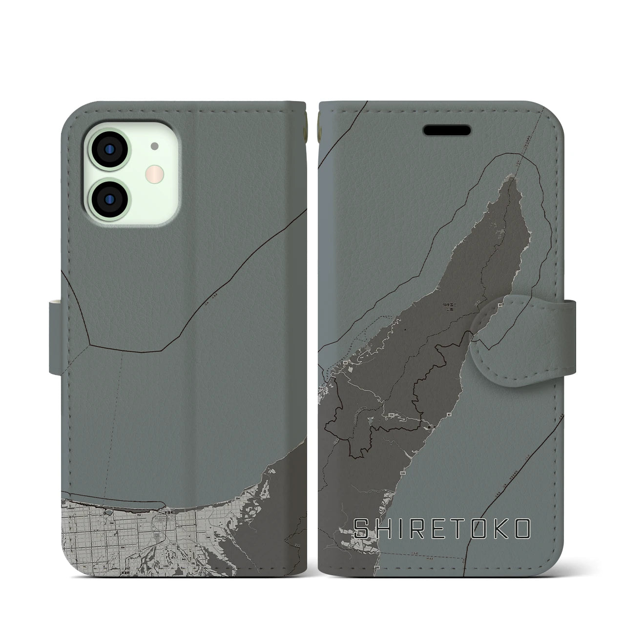 【知床(北海道)】地図柄iPhoneケース(手帳タイプ)モノトーン・iPhone 12 mini 用