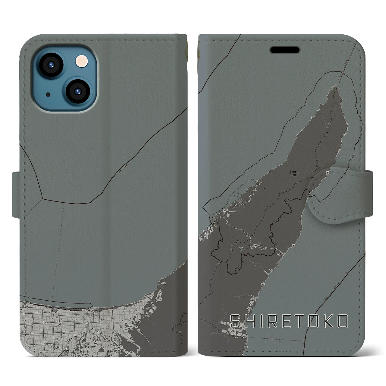 【知床(北海道)】地図柄iPhoneケース(手帳タイプ)モノトーン・iPhone 13 用