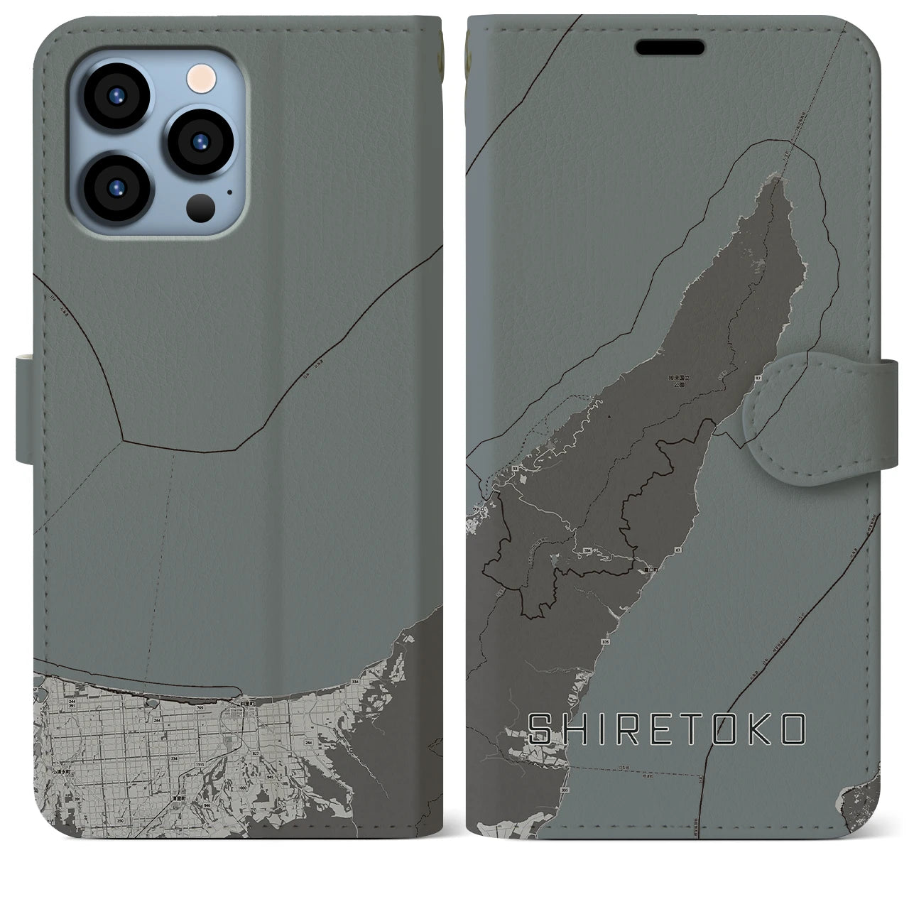 【知床(北海道)】地図柄iPhoneケース(手帳タイプ)モノトーン・iPhone 13 Pro Max 用