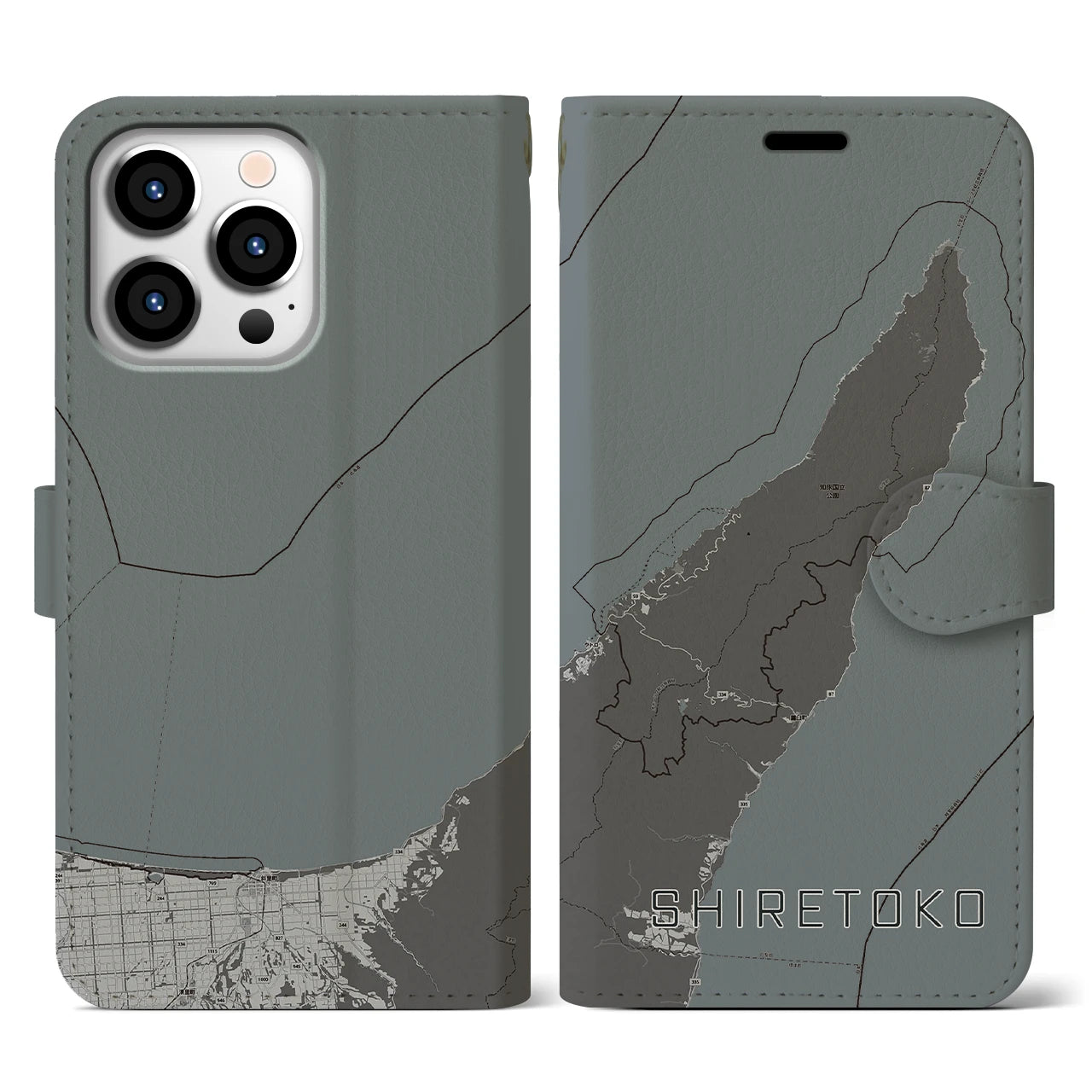 【知床(北海道)】地図柄iPhoneケース(手帳タイプ)モノトーン・iPhone 13 Pro 用