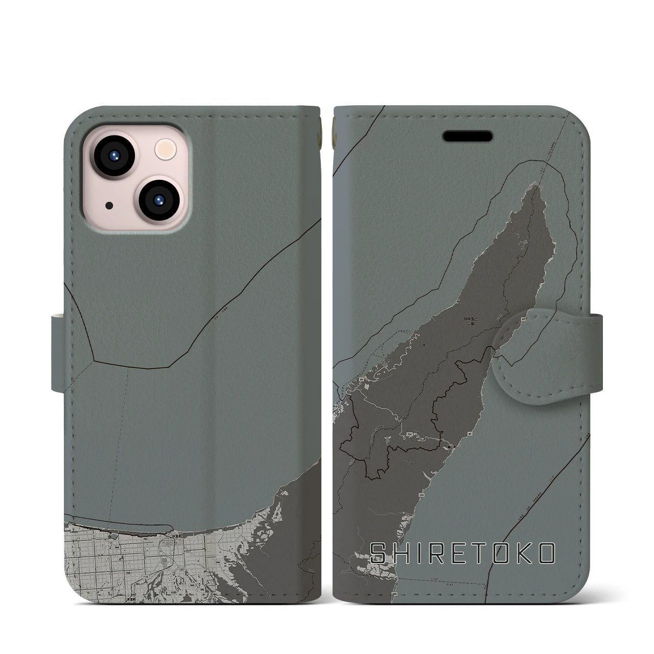 【知床(北海道)】地図柄iPhoneケース(手帳タイプ)モノトーン・iPhone 13 mini 用