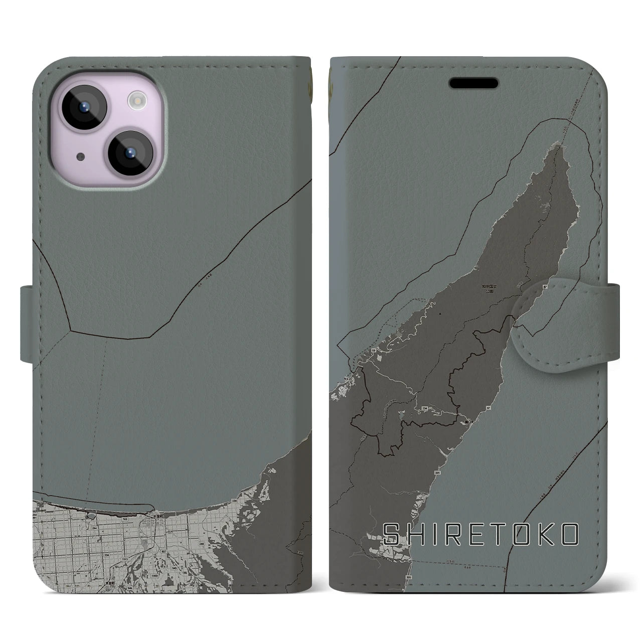 【知床(北海道)】地図柄iPhoneケース(手帳タイプ)モノトーン・iPhone 14 用