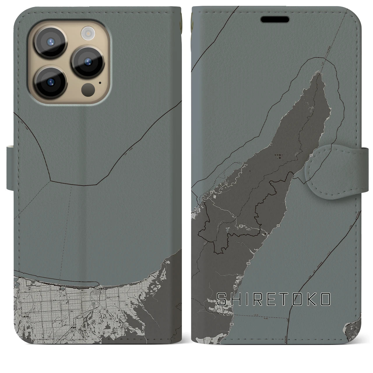 【知床(北海道)】地図柄iPhoneケース(手帳タイプ)モノトーン・iPhone 14 Pro Max 用