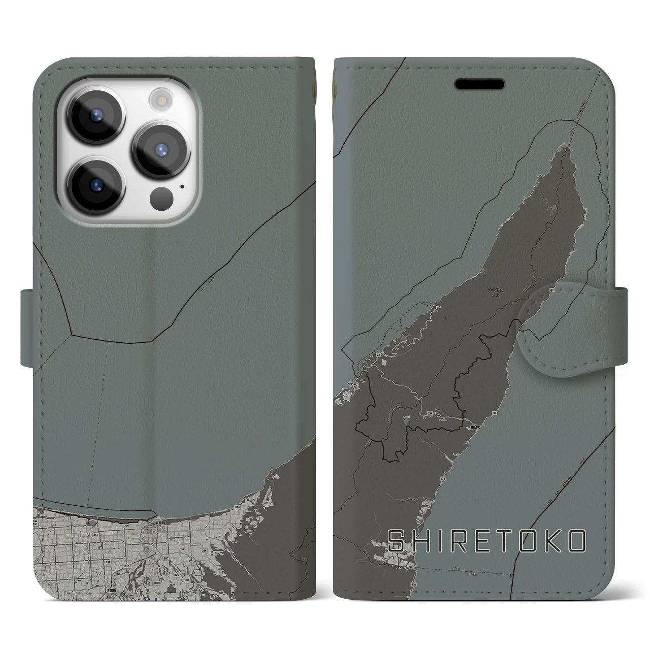 【知床(北海道)】地図柄iPhoneケース(手帳タイプ)モノトーン・iPhone 14 Pro 用