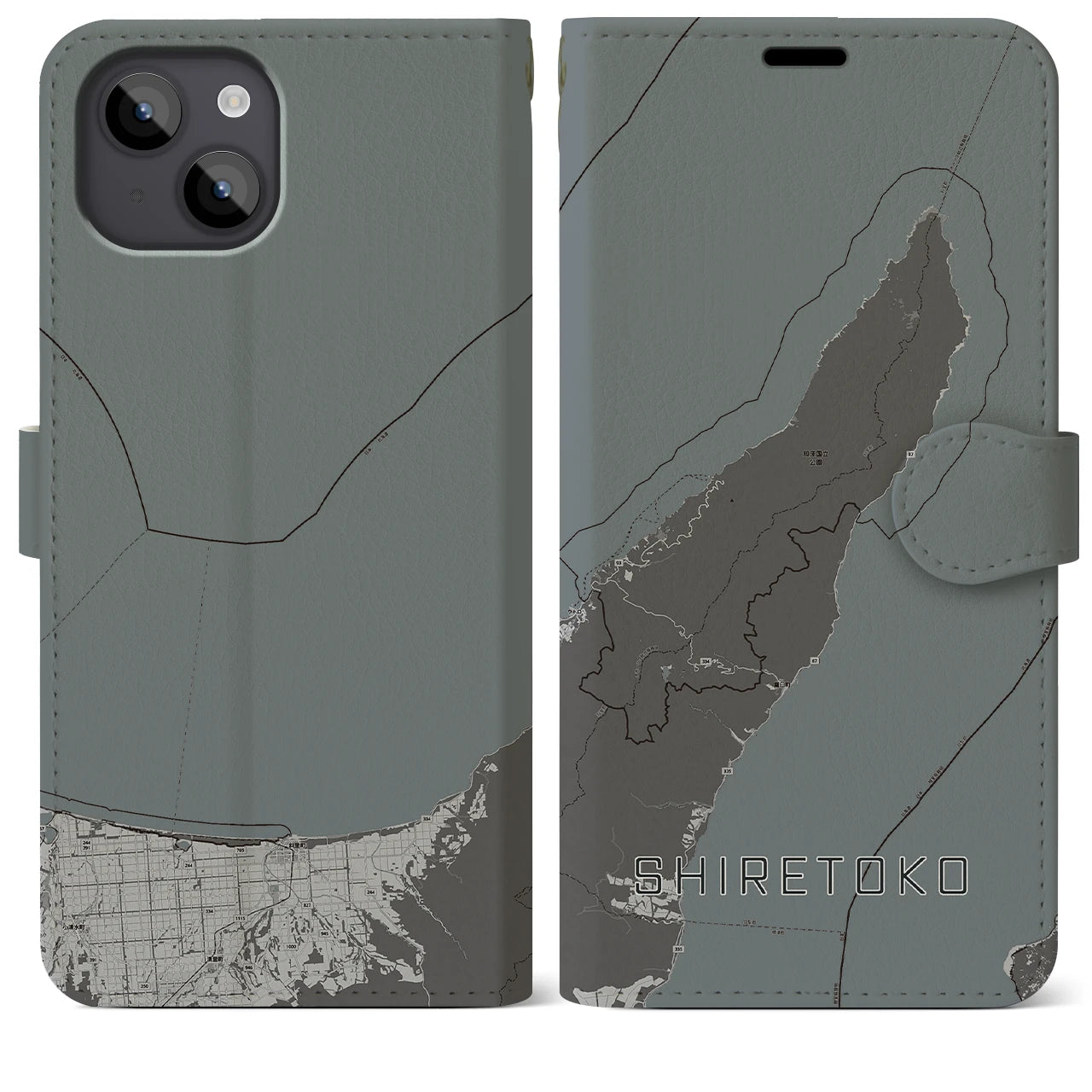 【知床(北海道)】地図柄iPhoneケース(手帳タイプ)モノトーン・iPhone 14 Plus 用