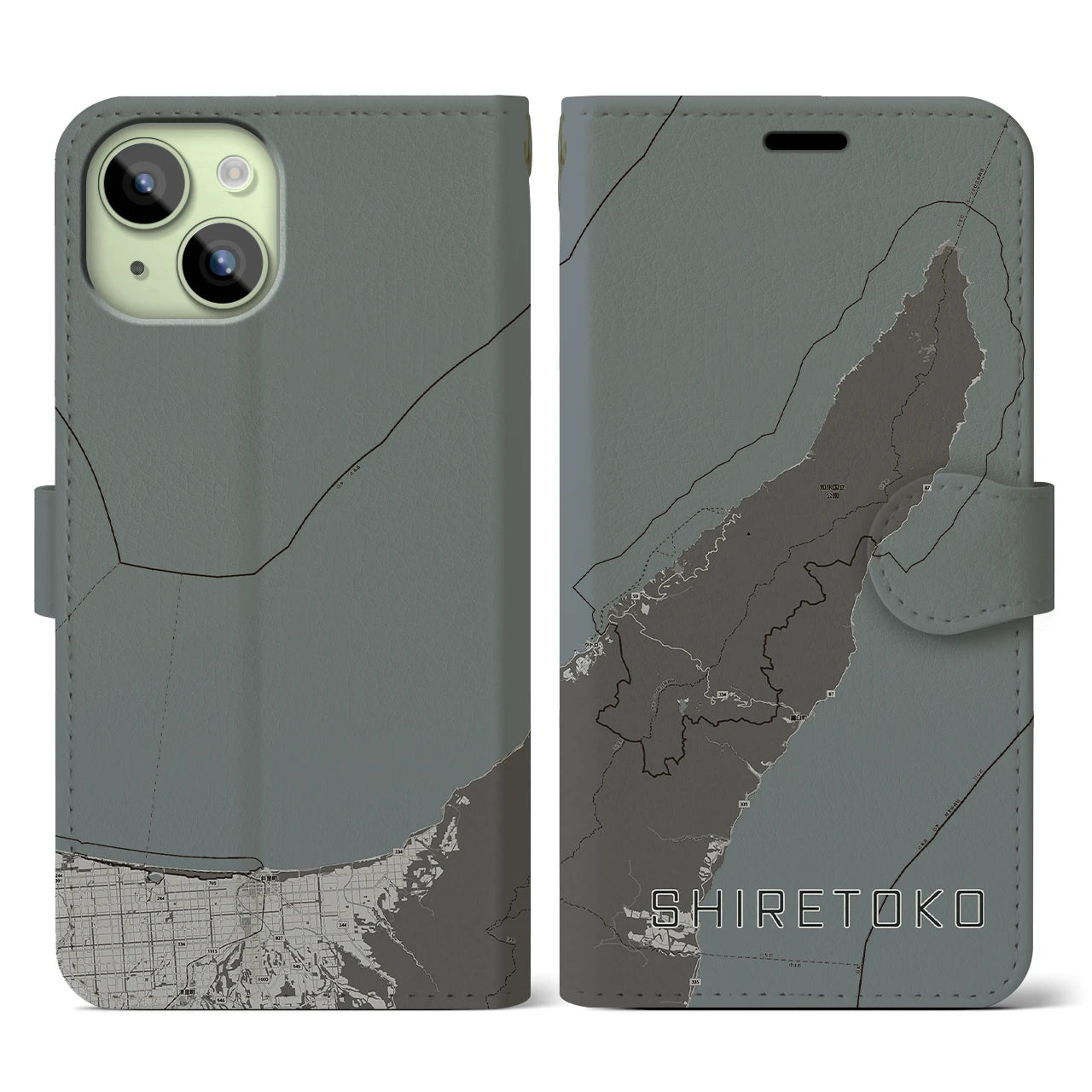 【知床(北海道)】地図柄iPhoneケース(手帳タイプ)モノトーン・iPhone 15 用