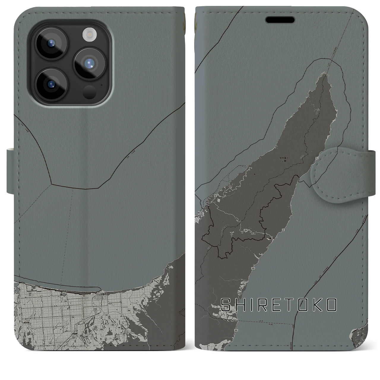 【知床(北海道)】地図柄iPhoneケース(手帳タイプ)モノトーン・iPhone 15 Pro Max 用