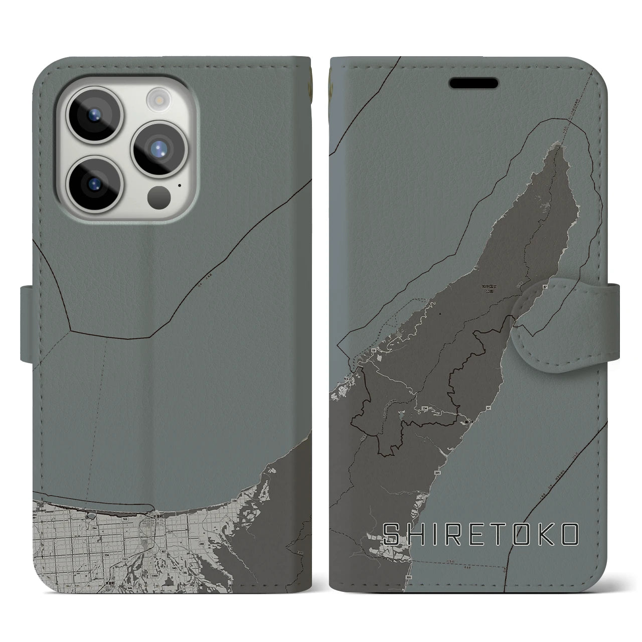 【知床(北海道)】地図柄iPhoneケース(手帳タイプ)モノトーン・iPhone 15 Pro 用