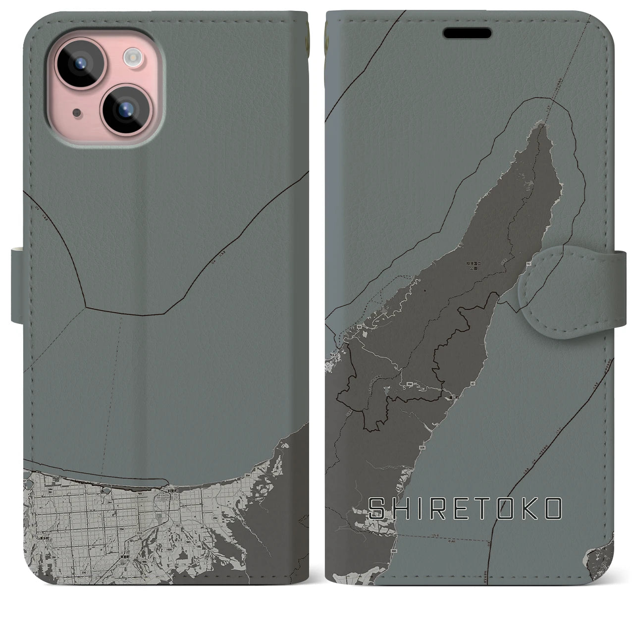 【知床(北海道)】地図柄iPhoneケース(手帳タイプ)モノトーン・iPhone 15 Plus 用