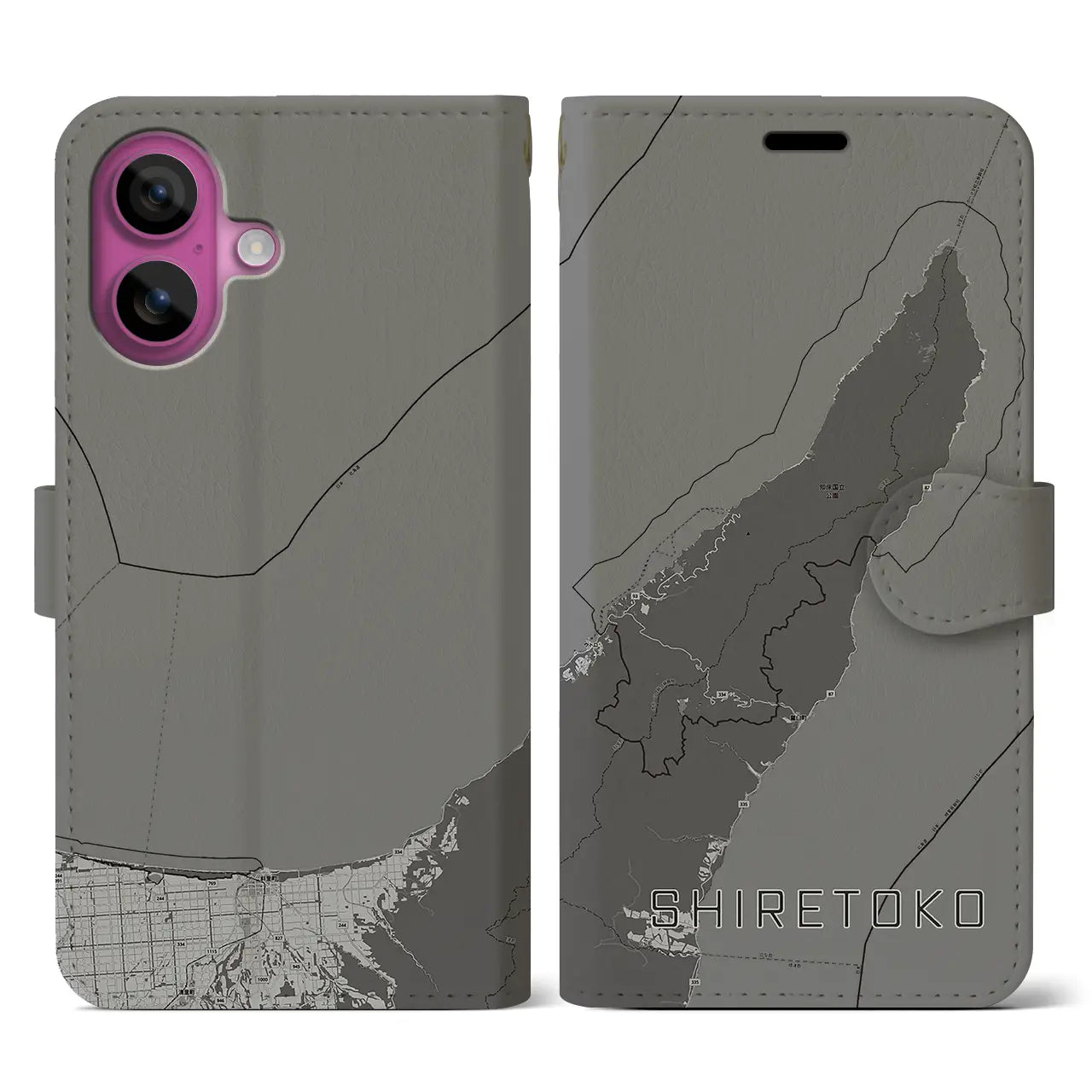 【知床(北海道)】地図柄iPhoneケース(手帳タイプ)モノトーン・iPhone 16 Pro 用