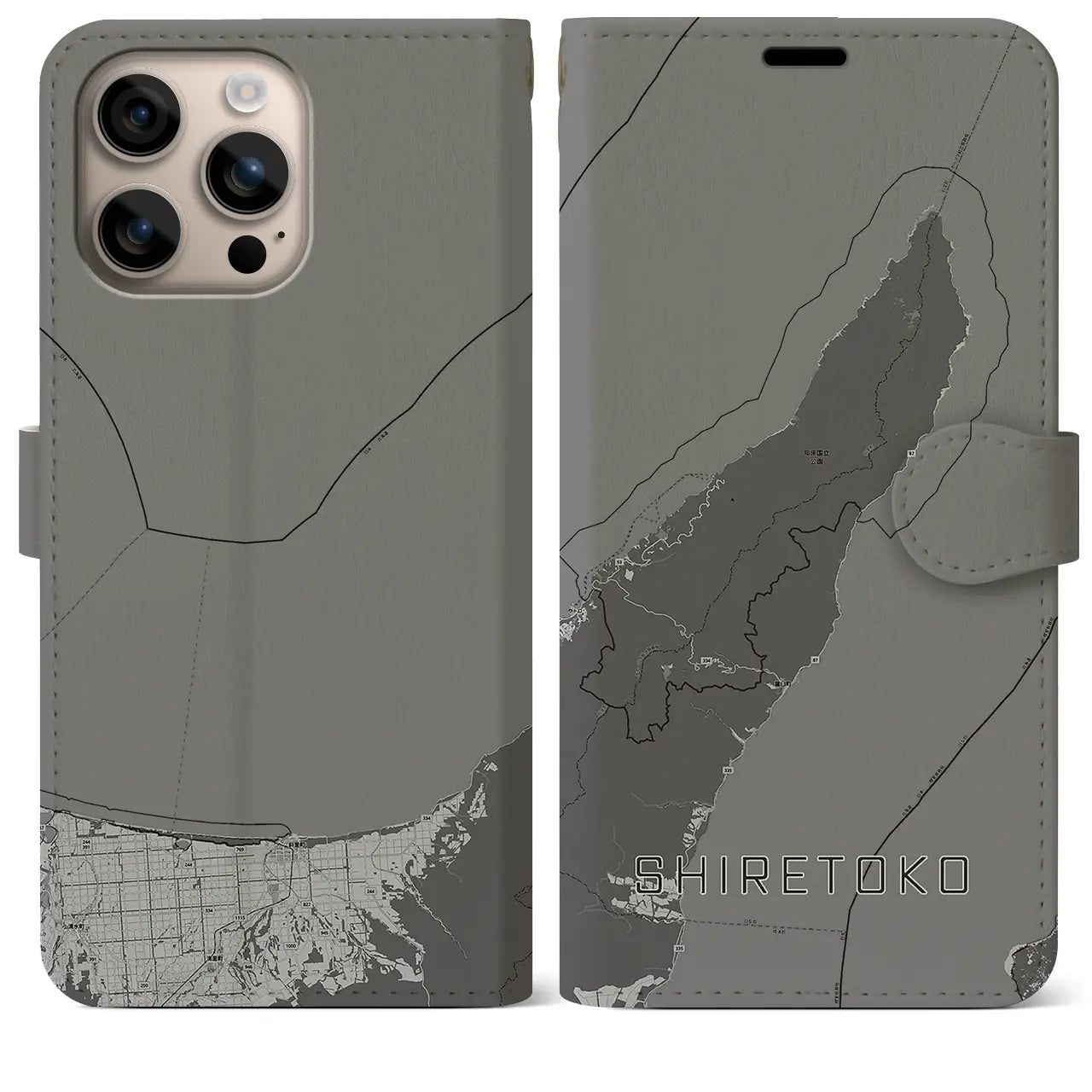 【知床(北海道)】地図柄iPhoneケース(手帳タイプ)モノトーン・iPhone 16 Plus 用