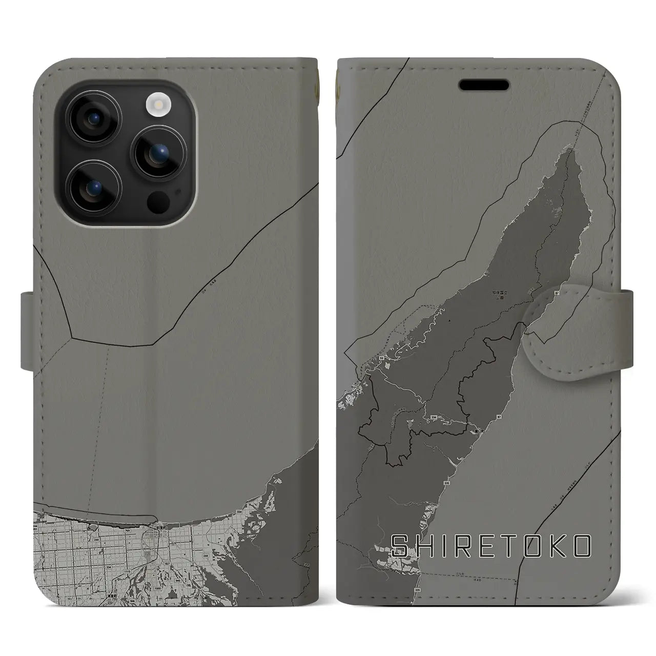 【知床(北海道)】地図柄iPhoneケース(手帳タイプ)モノトーン・iPhone 16 用