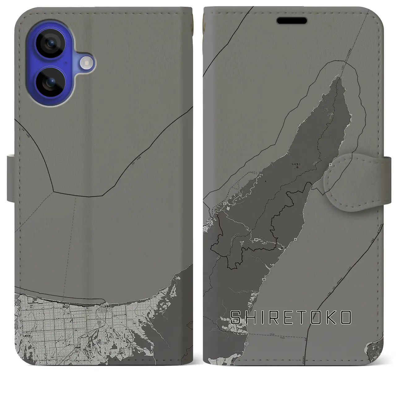 【知床(北海道)】地図柄iPhoneケース(手帳タイプ)モノトーン・iPhone 16 Pro Max 用