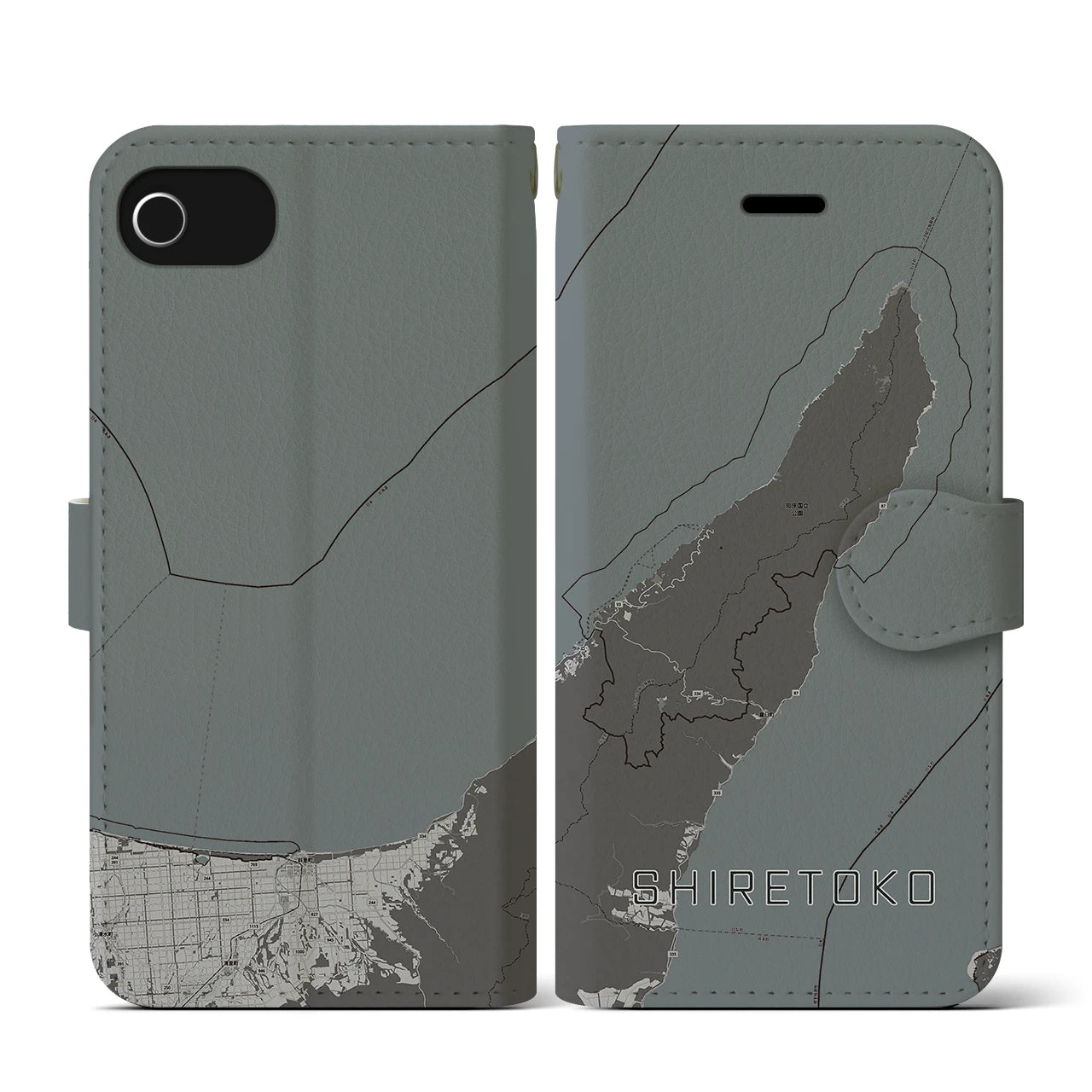【知床(北海道)】地図柄iPhoneケース(手帳タイプ)モノトーン・iPhone SE(第3 / 第2世代) / 8 / 7 / 6s / 6 用
