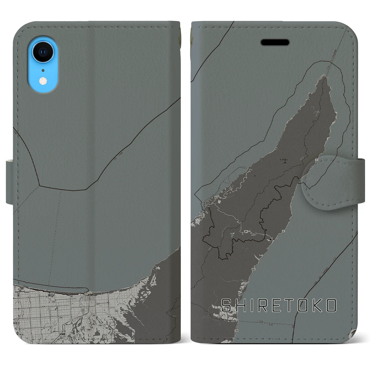 【知床(北海道)】地図柄iPhoneケース(手帳タイプ)モノトーン・iPhone XR 用