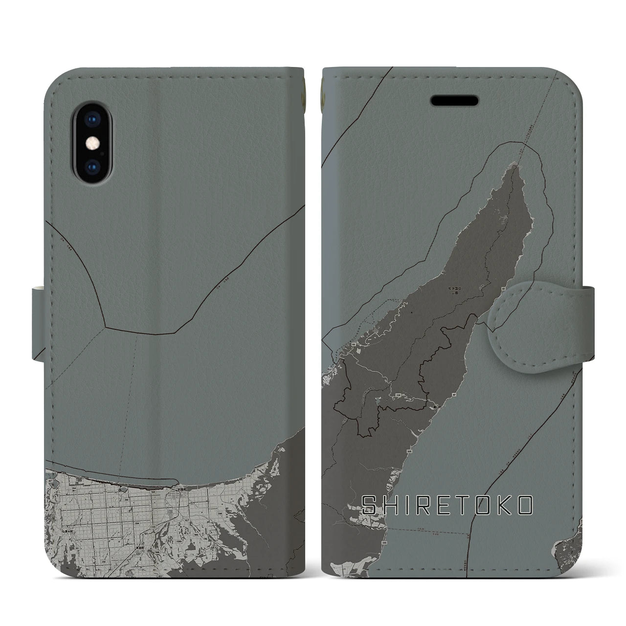 【知床(北海道)】地図柄iPhoneケース(手帳タイプ)モノトーン・iPhone XS / X 用