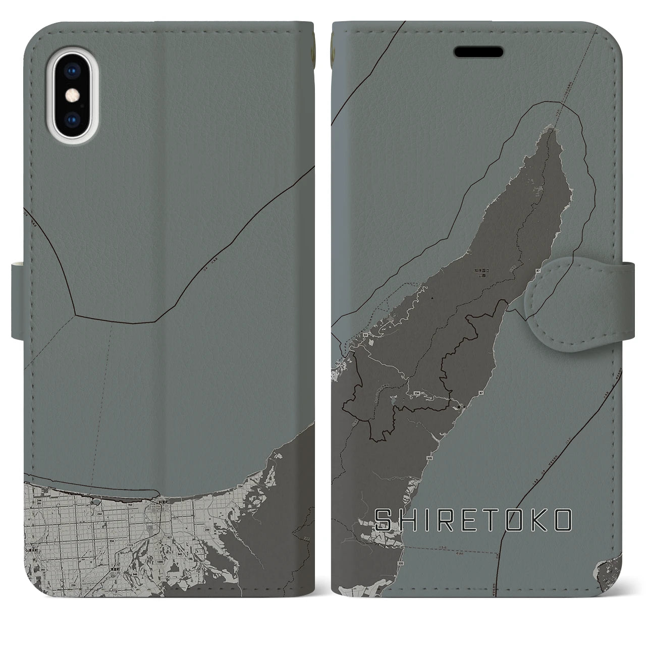 【知床(北海道)】地図柄iPhoneケース(手帳タイプ)モノトーン・iPhone XS Max 用