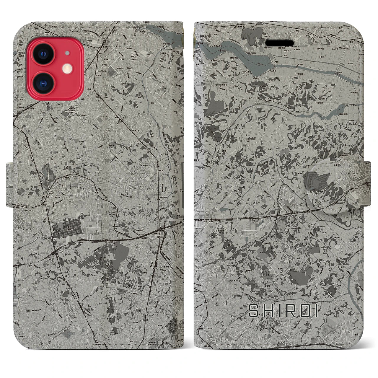 【白井(千葉県)】地図柄iPhoneケース(手帳タイプ)モノトーン・iPhone 11 用